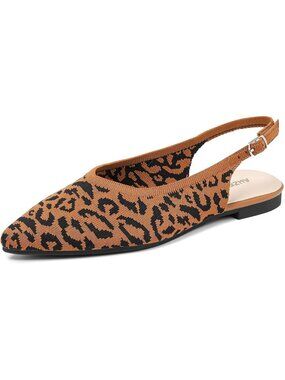 Women's Leopard Pointed Toe Adjustable Buckle Strap Slingback Ballet Flat Shoes